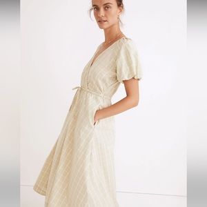 NWT Madewell Women's Green Plaid Tie Waist Puff Sleeve Midi Dress